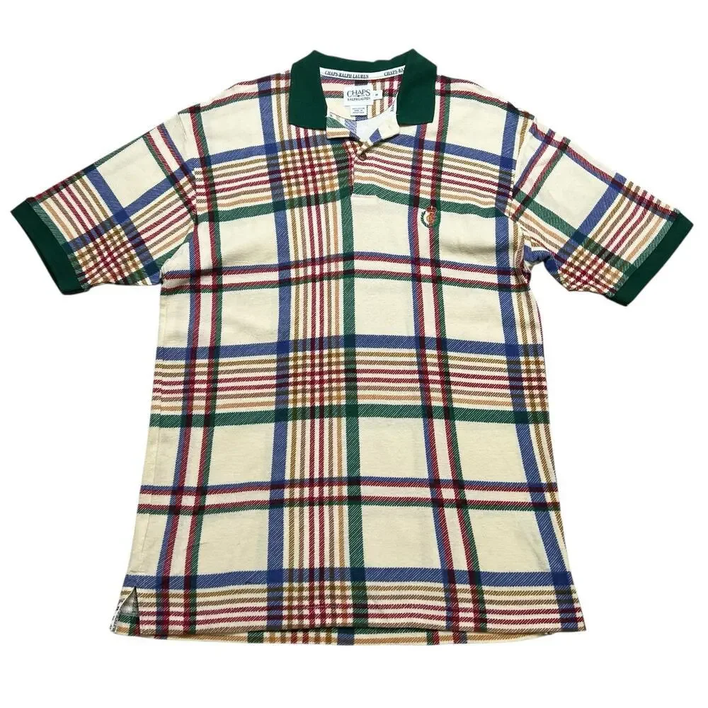 Vintage Chaps Ralph Lauren Polo Shirt Men's M Plaid Tartan Preppy Crest Logo